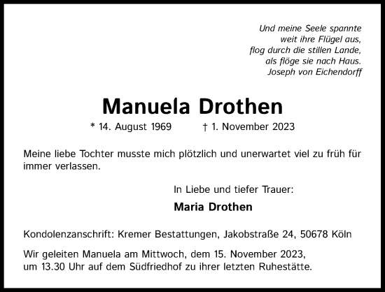 Anzeige von Manuela Drothen von Kölner Stadt-Anzeiger / Kölnische Rundschau / Express