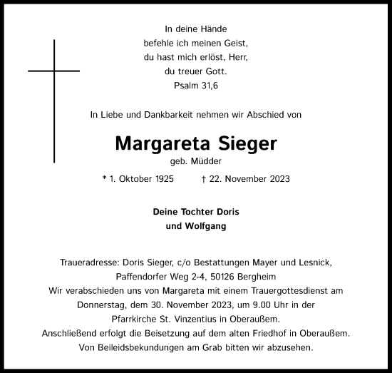 Anzeige von Margareta Sieger von Kölner Stadt-Anzeiger / Kölnische Rundschau / Express