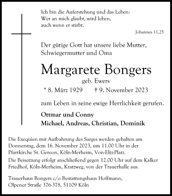 Anzeige von Margarete Bongers von Kölner Stadt-Anzeiger / Kölnische Rundschau / Express