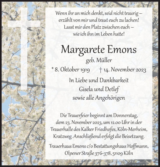 Anzeige von Margarete Emons von Kölner Stadt-Anzeiger / Kölnische Rundschau / Express