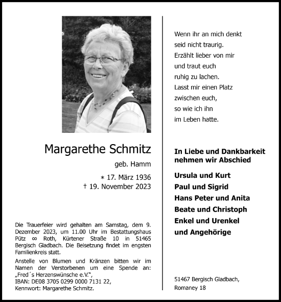 Anzeige von Margarethe Schmitz von  Bergisches Handelsblatt 