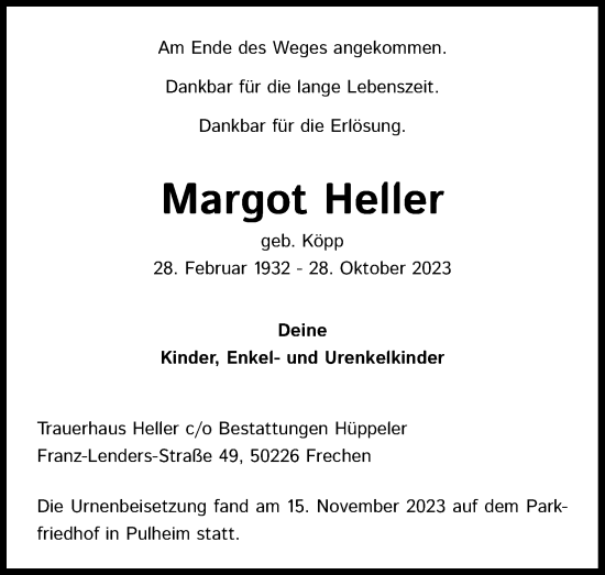 Anzeige von Margot Heller von Kölner Stadt-Anzeiger / Kölnische Rundschau / Express