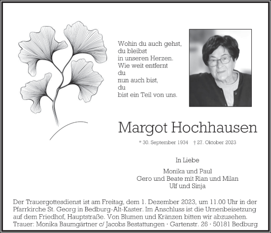 Anzeige von Margot Hochhausen von  Werbepost 