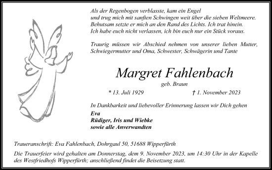 Anzeige von Margret Fahlenbach von Kölner Stadt-Anzeiger / Kölnische Rundschau / Express
