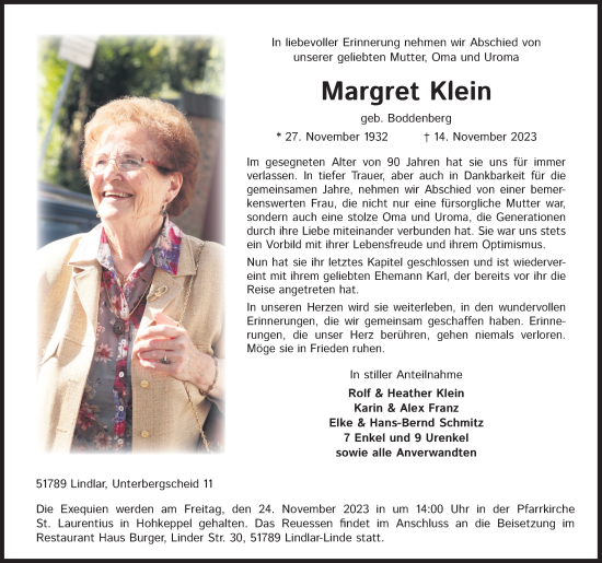 Anzeige von Margret Klein von Kölner Stadt-Anzeiger / Kölnische Rundschau / Express