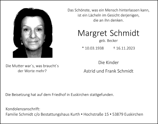 Anzeige von Margret Schmidt von  Blickpunkt Euskirchen 