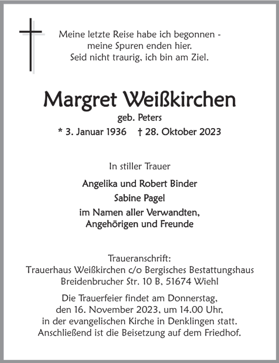 Anzeige von Margret Weißkirchen von  Lokalanzeiger 
