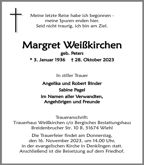 Anzeige von Margret Weißkirchen von Kölner Stadt-Anzeiger / Kölnische Rundschau / Express