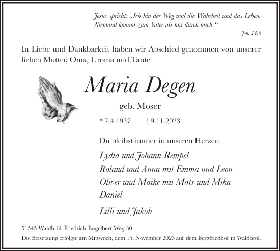 Anzeige von Maria Degen von  Lokalanzeiger 