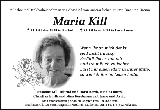 Anzeige von Maria Kill von Kölner Stadt-Anzeiger / Kölnische Rundschau / Express