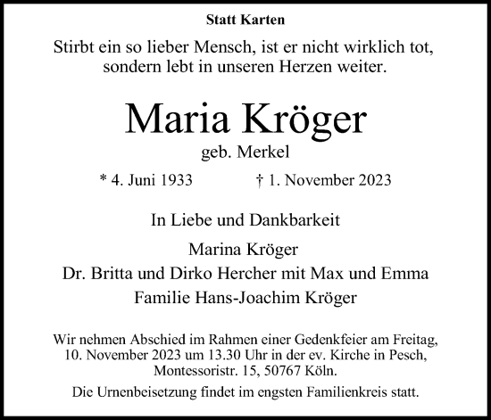 Anzeige von Maria Kröger von Kölner Stadt-Anzeiger / Kölnische Rundschau / Express
