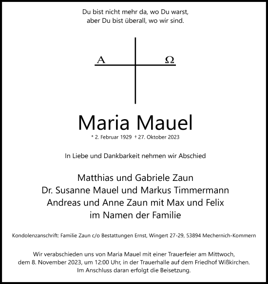 Anzeige von Maria Mauel von Kölner Stadt-Anzeiger / Kölnische Rundschau / Express
