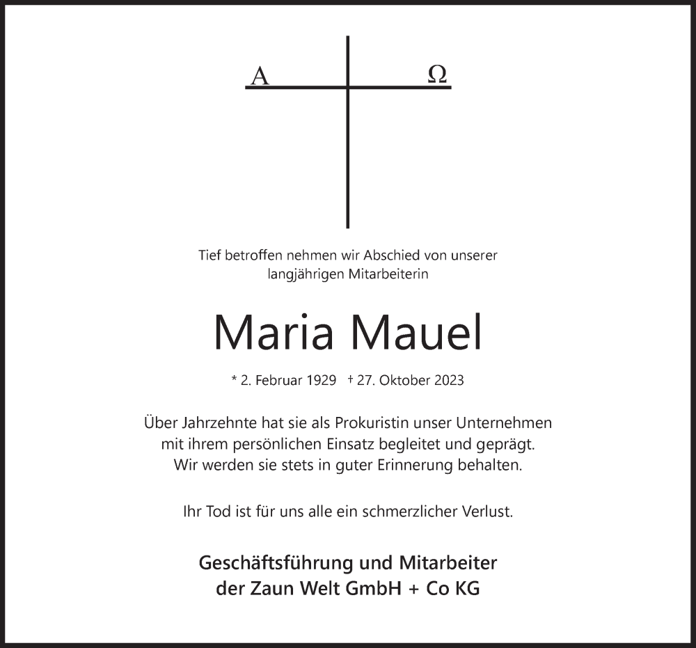  Traueranzeige für Maria Mauel vom 04.11.2023 aus  Blickpunkt Euskirchen 