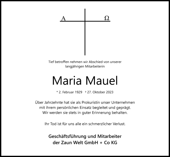 Anzeige von Maria Mauel von Kölner Stadt-Anzeiger / Kölnische Rundschau / Express