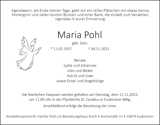 Anzeige von Maria Pohl von  Blickpunkt Euskirchen 