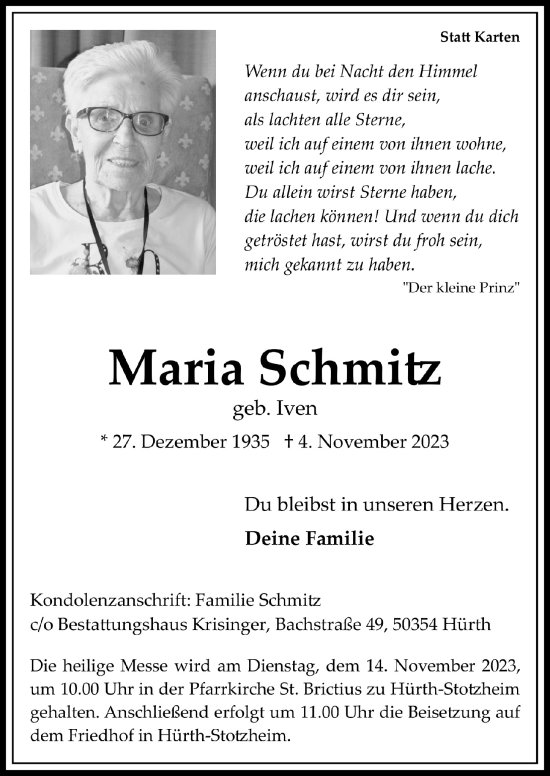 Anzeige von Maria Schmitz von  Wochenende 