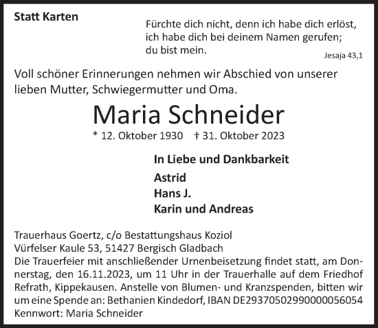 Anzeige von Maria Schneider von  Bergisches Handelsblatt 
