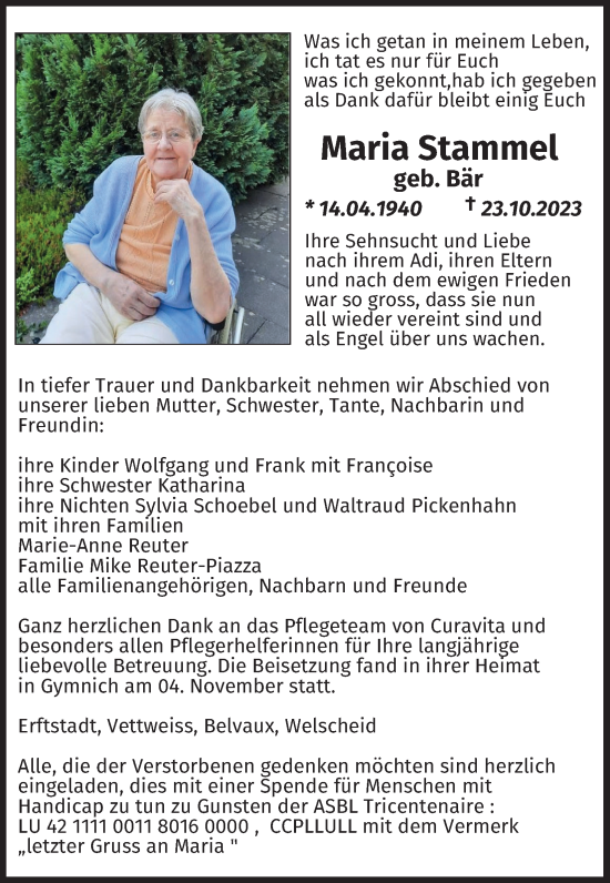 Anzeige von Maria Stammelt von Kölner Stadt-Anzeiger / Kölnische Rundschau / Express