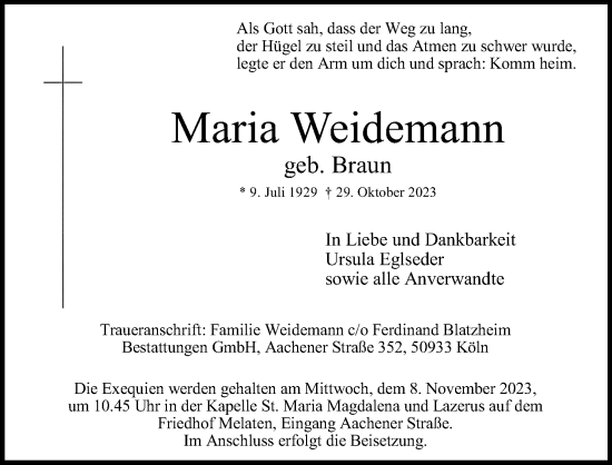 Anzeige von Maria Weidemann von Kölner Stadt-Anzeiger / Kölnische Rundschau / Express