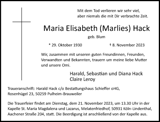 Anzeige von Maria Elisabeth Hack von Kölner Stadt-Anzeiger / Kölnische Rundschau / Express