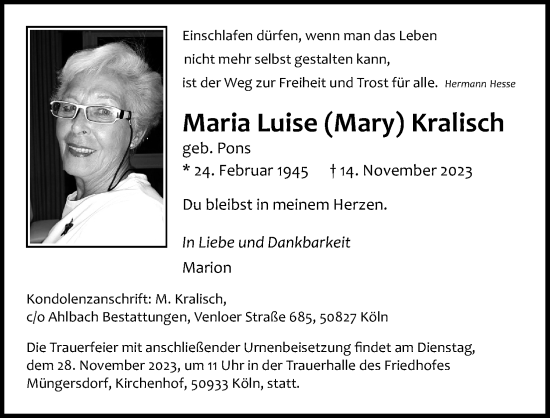Anzeige von Maria Luise Kralisch von Kölner Stadt-Anzeiger / Kölnische Rundschau / Express