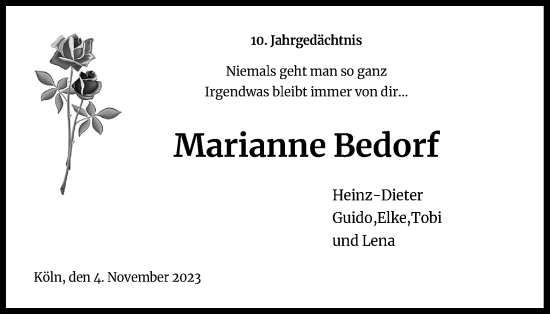 Anzeige von Marianne Bedorf von Kölner Stadt-Anzeiger / Kölnische Rundschau / Express