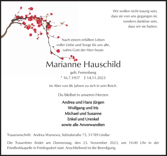 Anzeige von Marianne Hauschild von Kölner Stadt-Anzeiger / Kölnische Rundschau / Express