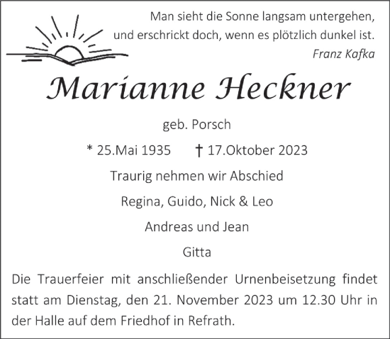 Anzeige von Marianne Heckner von  Bergisches Handelsblatt 
