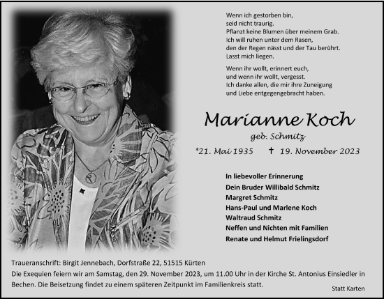 Anzeige von Marianne Koch von Kölner Stadt-Anzeiger / Kölnische Rundschau / Express