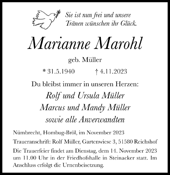 Anzeige von Marianne Marohl von  Anzeigen Echo  Lokalanzeiger 