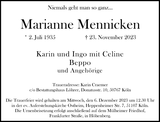 Anzeige von Marianne Mennicken von Kölner Stadt-Anzeiger / Kölnische Rundschau / Express