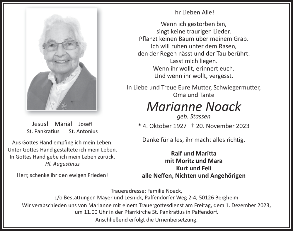  Traueranzeige für Marianne Noack vom 24.11.2023 aus  Werbepost 