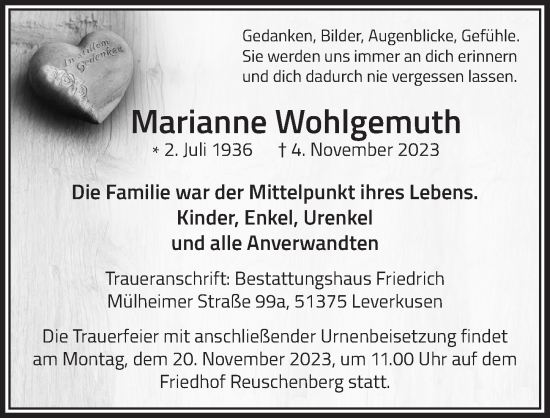 Anzeige von Marianne Wohlgemuth von  Lokale Informationen 