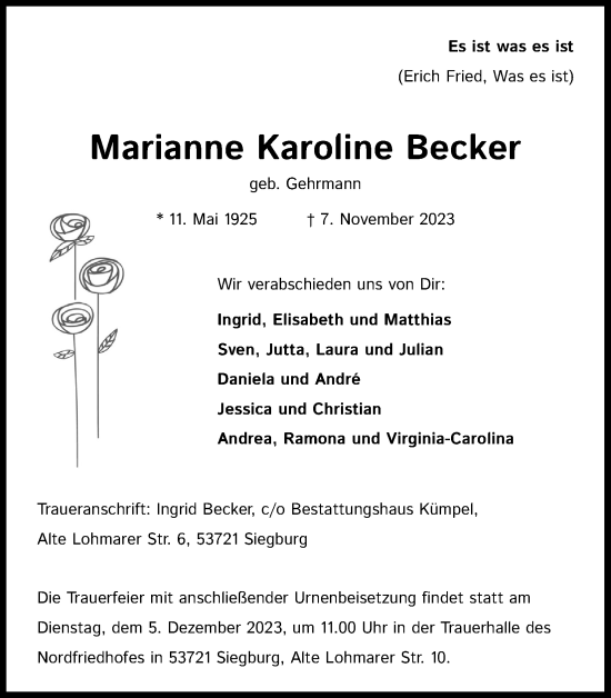 Anzeige von Marianne Karoline Becker von Kölner Stadt-Anzeiger / Kölnische Rundschau / Express
