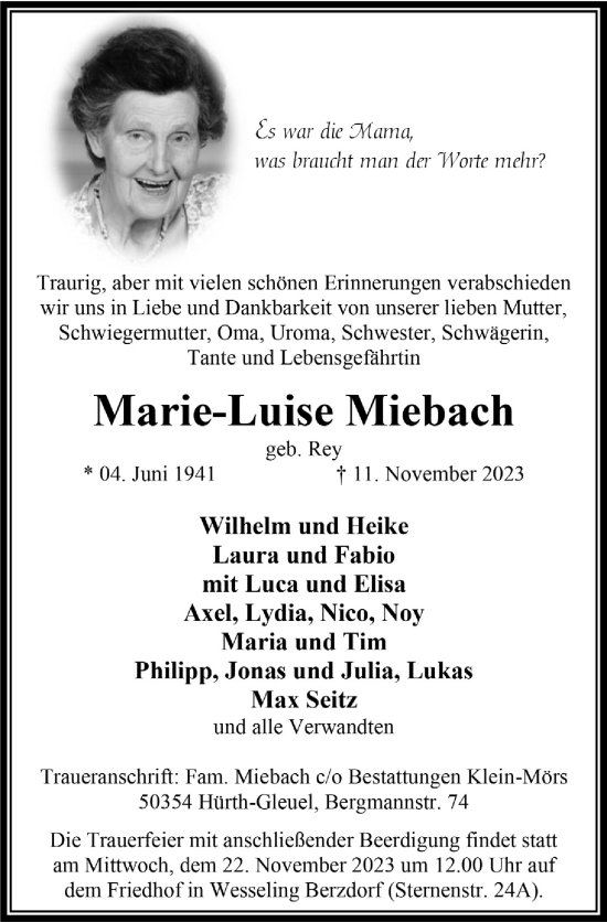 Anzeige von Marie-Luise Miebach von  Wochenende 