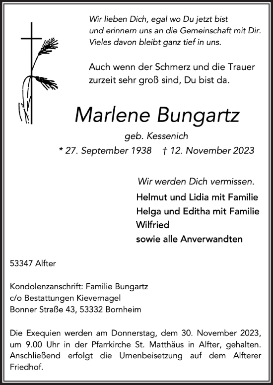 Anzeige von Marlene Bungartz von  Schaufenster/Blickpunkt 