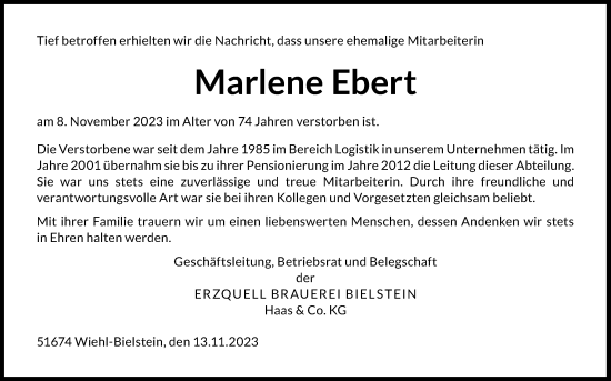 Anzeige von Marlene Ebert von Kölner Stadt-Anzeiger / Kölnische Rundschau / Express
