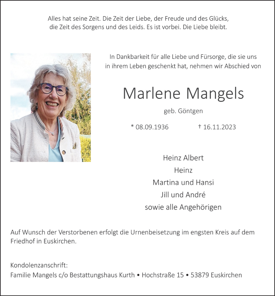  Traueranzeige für Marlene Mangels vom 25.11.2023 aus  Blickpunkt Euskirchen 