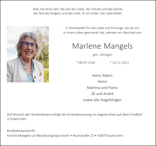 Anzeige von Marlene Mangels von Kölner Stadt-Anzeiger / Kölnische Rundschau / Express