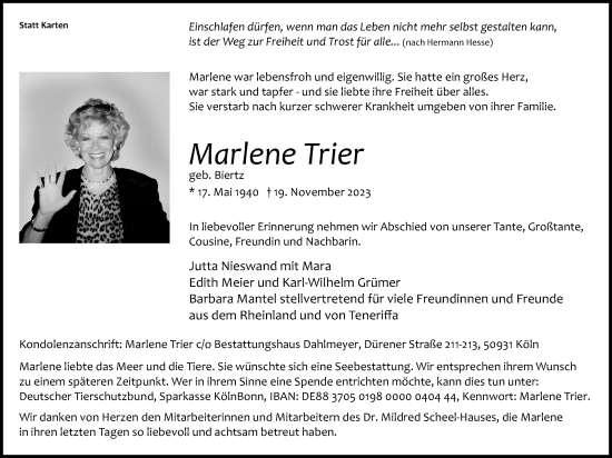 Anzeige von Marlene Trier von Kölner Stadt-Anzeiger / Kölnische Rundschau / Express