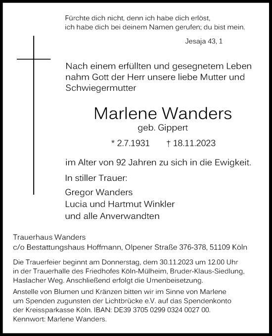 Anzeige von Marlene Wanders von Kölner Stadt-Anzeiger / Kölnische Rundschau / Express