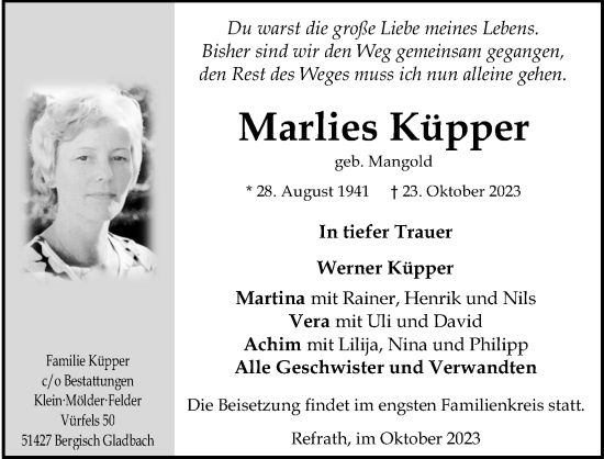 Anzeige von Marlies Küpper von Kölner Stadt-Anzeiger / Kölnische Rundschau / Express