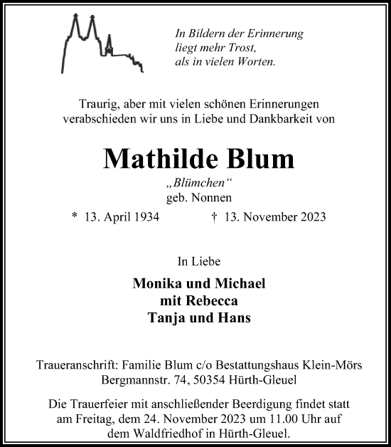 Anzeige von Mathilde Blum von Kölner Stadt-Anzeiger / Kölnische Rundschau / Express