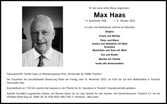 Anzeige von Max Haas von Kölner Stadt-Anzeiger / Kölnische Rundschau / Express