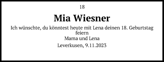 Anzeige von Mia Wiesner von Kölner Stadt-Anzeiger / Kölnische Rundschau / Express