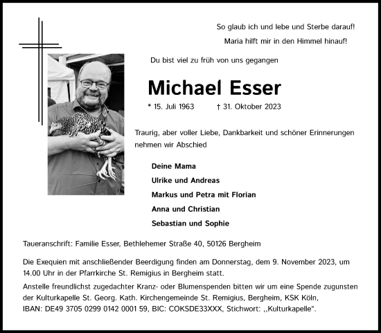 Anzeige von Michael Esser von Kölner Stadt-Anzeiger / Kölnische Rundschau / Express