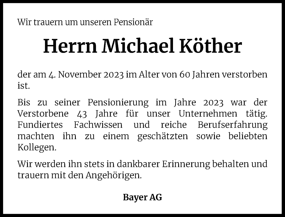  Traueranzeige für Michael Köther vom 15.11.2023 aus Kölner Stadt-Anzeiger / Kölnische Rundschau / Express