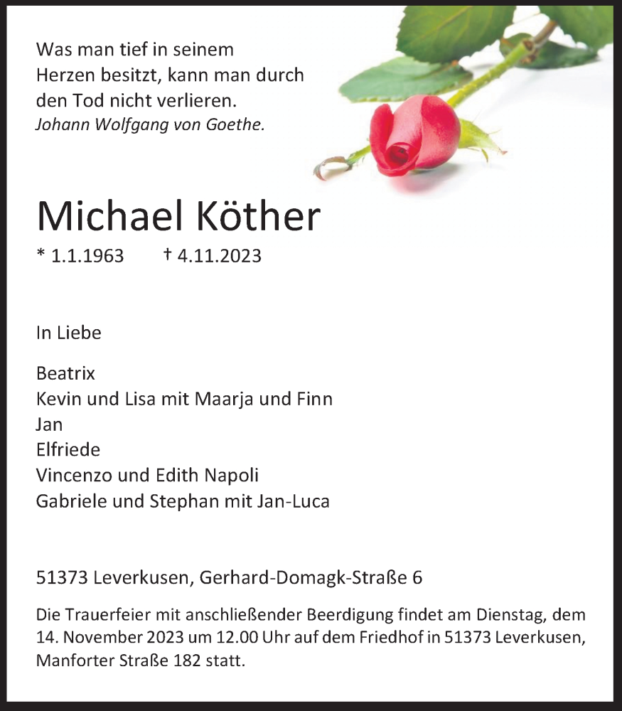  Traueranzeige für Michael Köther vom 08.11.2023 aus Kölner Stadt-Anzeiger / Kölnische Rundschau / Express