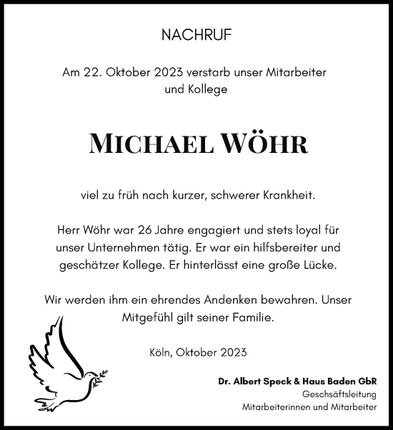 Anzeige von Michael Wöhr von Kölner Stadt-Anzeiger / Kölnische Rundschau / Express
