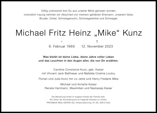 Anzeige von Michael Fritz Heinz Kunz von Kölner Stadt-Anzeiger / Kölnische Rundschau / Express